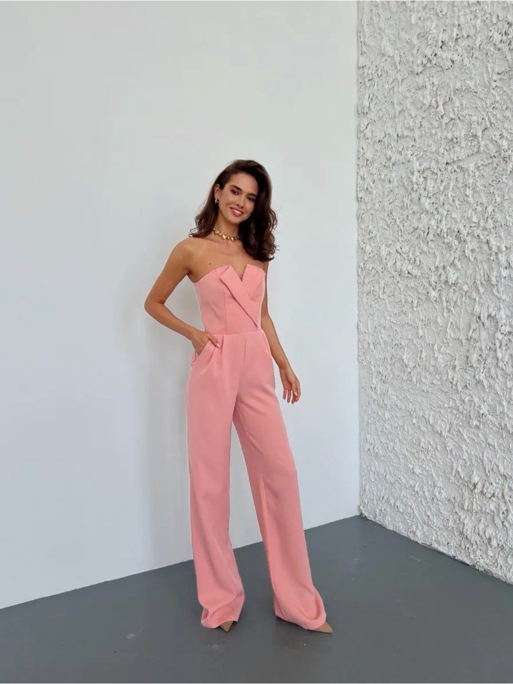 Strapless Pink Wide-Leg Jumpsuit